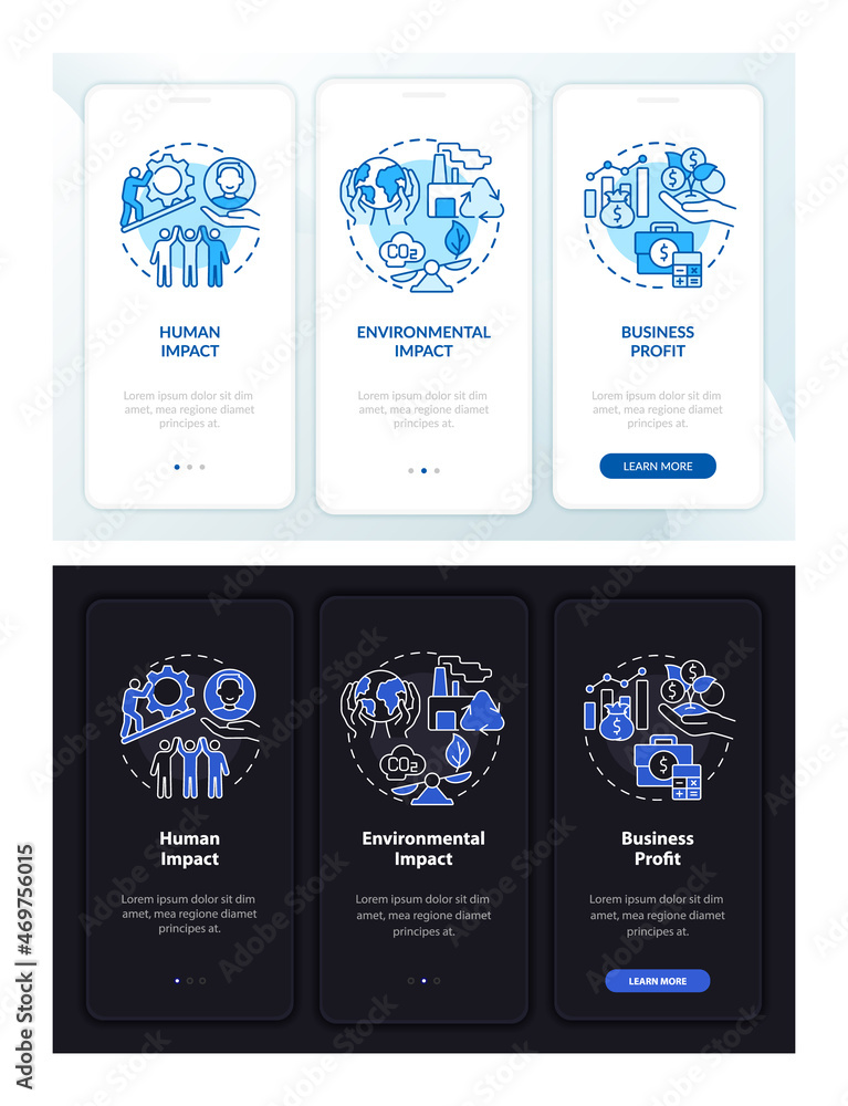 Social business success dark, light onboarding mobile app page screen. Walkthrough 5 steps graphic instructions with concepts. UI, UX, GUI vector template with linear night and day mode illustrations