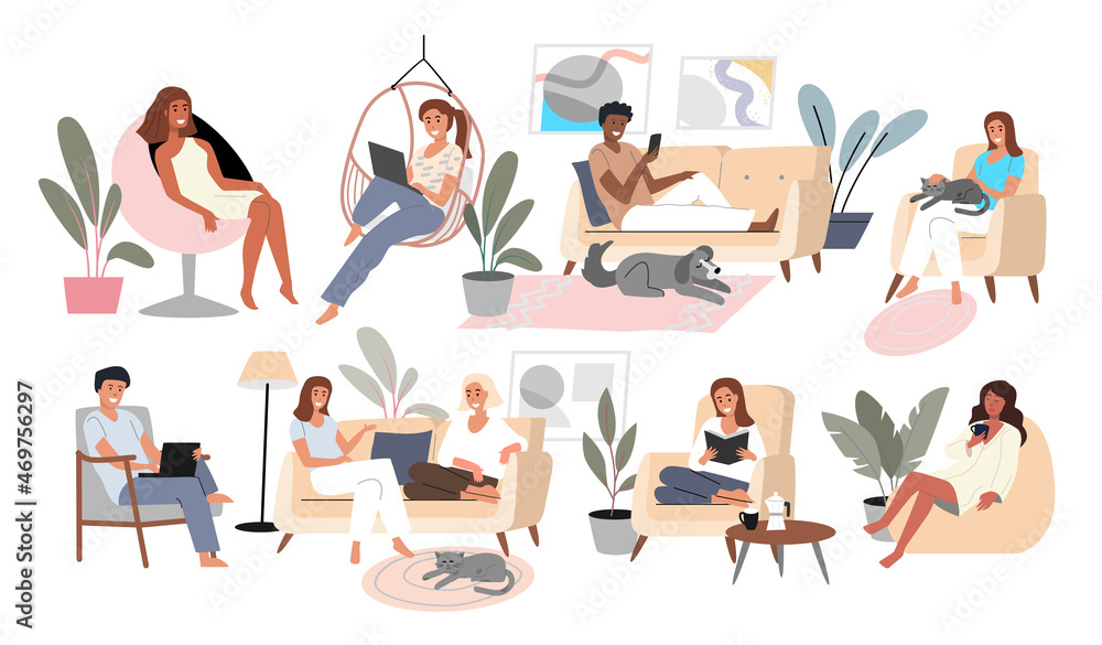 People in interior relax and talk vector set. Man and woman work with laptop and sit with smartphone. People in interior relax and talk vector set. Man and woman work with laptop and sit with smartphone.