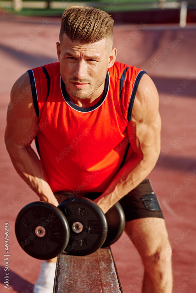 Muscled Man With Dumbbells Workout Outdoor Fitness Muscled Man With Dumbbells Workout Outdoor Fitness