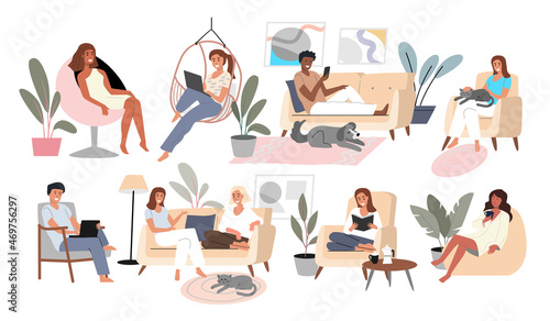 People in interior relax and talk vector set. Man and woman work with laptop and sit with smartphone.