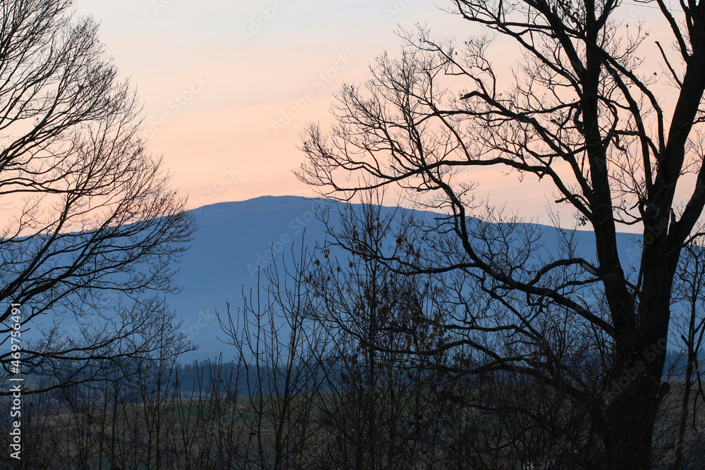 The mountain seen through the branches of the trees at sunset. The mountain seen through the branches of the trees at sunset.