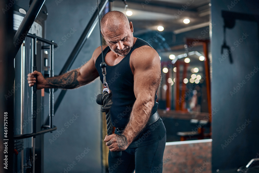 Adult bald man bodybuilder doing heavy weight exercise for triceps while in gym. Bodybuilding concept Adult bald man bodybuilder doing heavy weight exercise for triceps while in gym. Bodybuilding concept