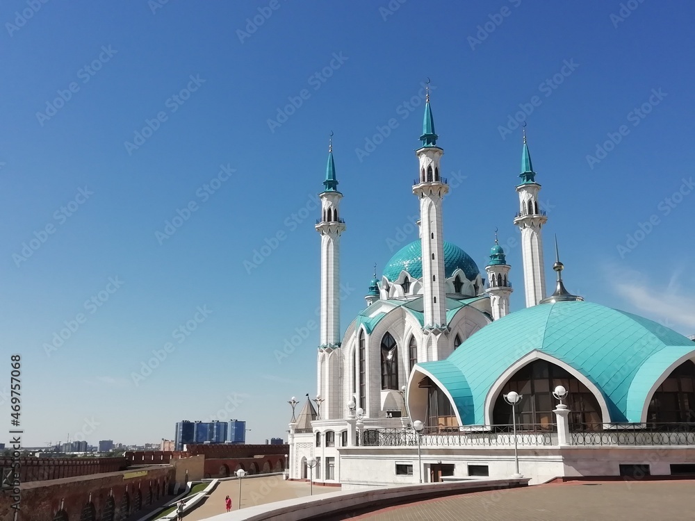 Kazan / Russia - July 20 2021: Kul Sharif mosque and the building under the dome in the Kazan Kremlin. Tatarstan, Russia. Sunny view of Islamic architecture, famous tourist attraction of Kazan. 