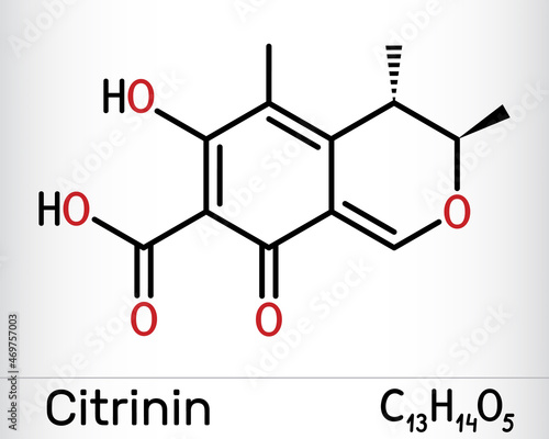 Citrinin molecule. It is antibiotic and mycotoxin from Penicillium citrinum. Skeletal chemical formula photo