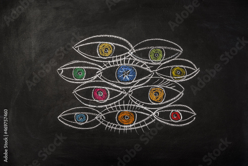 Eyes with multicolored pupils drawn on a chalk board