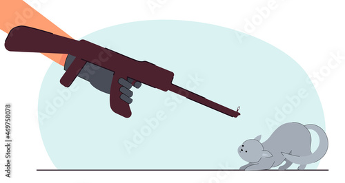Hand holding rifle and aiming at scared stray cat. Person threatening kitten with gun flat vector illustration. Animal cruelty, violence concept for banner, website design or landing web page