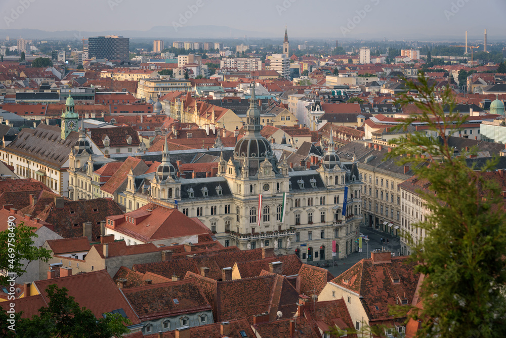 Panoramic view of the city with the Renaissance-style Town Hall in the center from the Schlossberg park hill, Graz, Austria