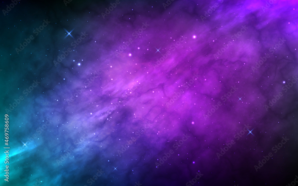Space background with realistic starry galaxy. Beautiful color cosmos with nebula. Magic universe with milky way. Night cosmic texture with shining stars. Vector illustration