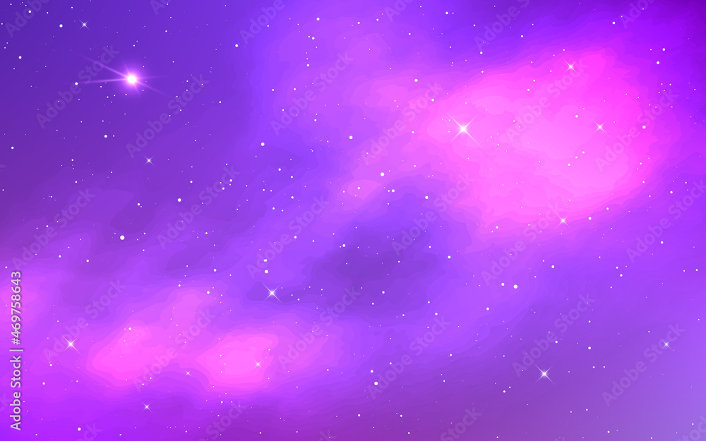 Cosmos background. Realistic space with purple clouds and bright stars. Color nebula effect. Starry sky with magic galaxy. Universe with stardust. Vector illustration