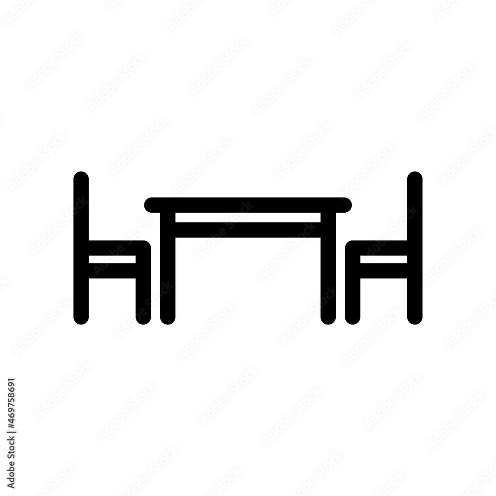 Table and chairs icon. Black contour linear silhouette. Side view. Vector simple flat graphic illustration. The isolated object on a white background. Isolate. Table and chairs icon. Black contour linear silhouette. Side view. Vector simple flat graphic illustration. The isolated object on a white background. Isolate.