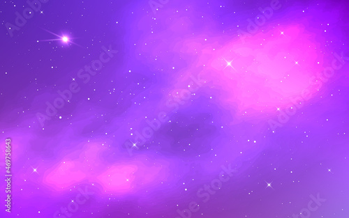 Cosmos background. Realistic space with purple clouds and bright stars. Color nebula effect. Starry sky with magic galaxy. Universe with stardust. Vector illustration