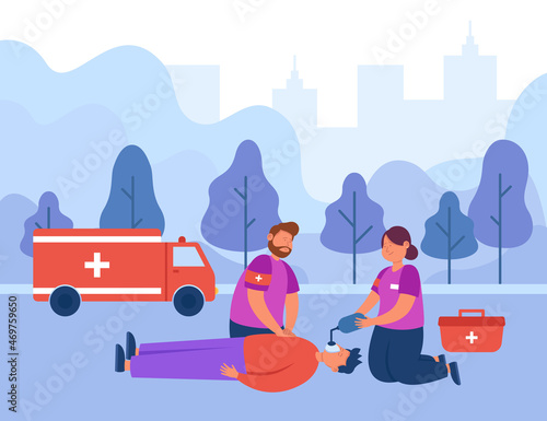 Doctors performing emergency CPR on unconscious patient together. Medical professional doing resuscitation activities, assistant training flat vector illustration. Assistance, health, medicine concept