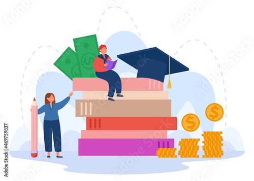 Tiny student with scholarship sitting on books. Student loans, paying school, college or university fees flat vector illustration. Education, finances, economy concept for banner for banner