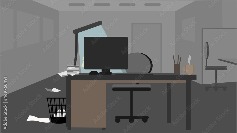 Workplace in an empty office in the evening. Vector illustration of an empty workplace. Working environment. The light from the desk lamp illuminates the table with papers. Workplace in an empty office in the evening. Vector illustration of an empty workplace. Working environment. The light from the desk lamp illuminates the table with papers.