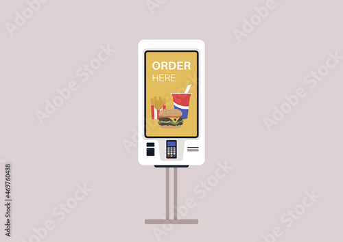 A self-service fast food order touchscreen, a digital menu isolated on a plain background