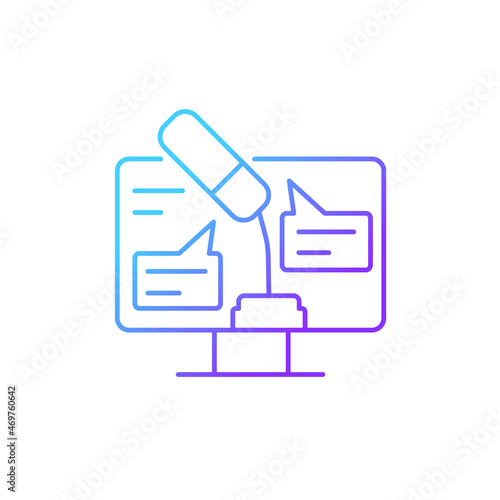 Digital oratory gradient linear vector icon. Online public speaking. Virtual meeting. Online speech. Presentation skill. Thin line color symbol. Modern style pictogram. Vector isolated outline drawing