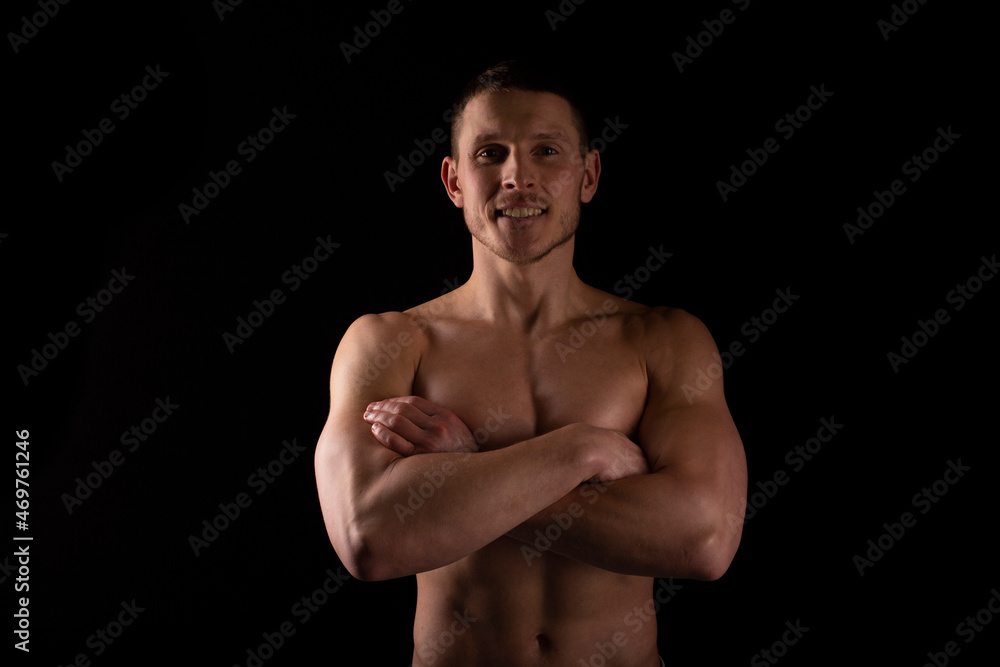 Fototapeta premium Sportsman Hands Crossed Topless Smiling. Healthy Life, Medical protection, Sports Concept