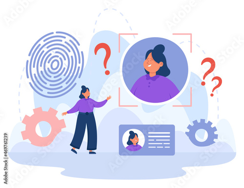 Tiny female office worker with ID card and fingerprint. Unique employee badge or pass, biometric authentication flat vector illustration. Identity, safety concept for banner or landing web page