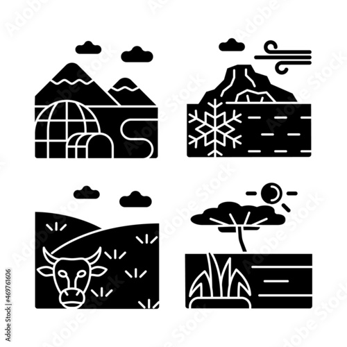 Climate zones black glyph icons set on white space. Southern and northern regions. Polar arctic lands. Temperate climatic conditions. Silhouette symbols. Vector isolated illustration