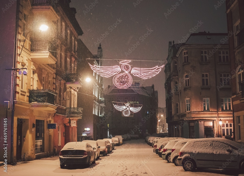Late-night Christmas snowing at Śródka in Poznan, Poland