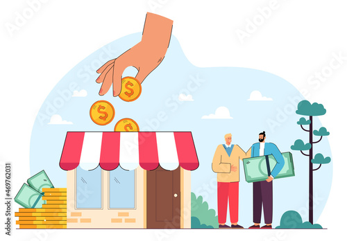 Hand giving money to entrepreneurs and local shopkeepers. Tiny people shop owners receiving loan flat vector illustration. Small business support, collateral and financial help, subsidy concept photo