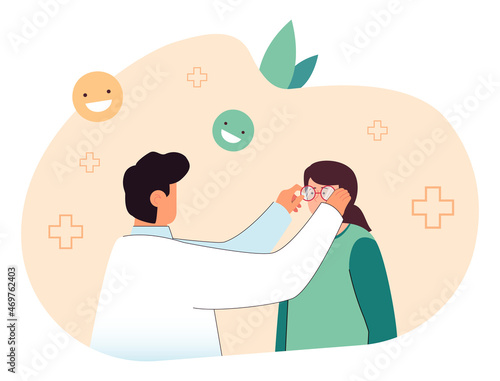 Doctor ophthalmologist giving eye glasses to girl. Male optometrist examining little kid in hospital flat vector illustration. Ophthalmology, pediatric medical appointment for children concept