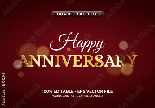 Happy Anniversary text effect with bokeh lights. Luxury editable text on a dark red background