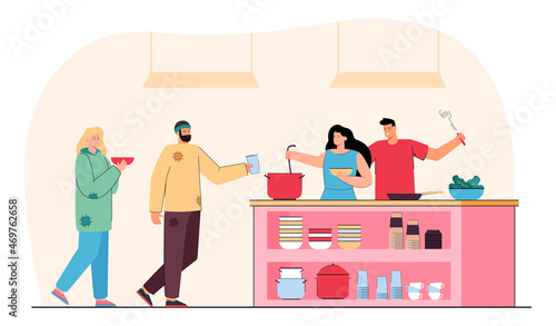 Volunteers serving food in night shelter for homeless people. Man and woman pouring warm meal for poor beggars in refectory flat vector illustration. Almshouse, emergency, home for bums concept