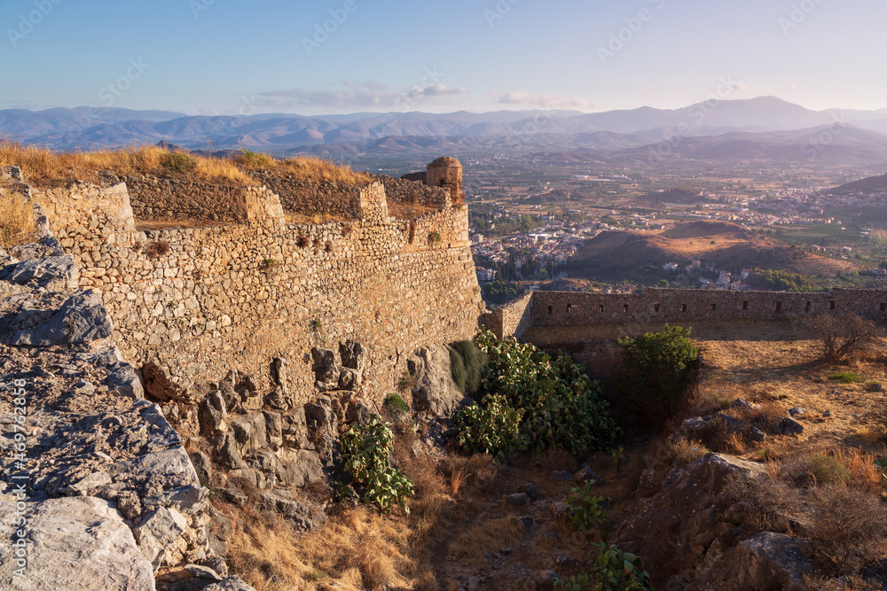Ancient Greek fortress of Palamidi with stone walls on top of hill with vast panoramic view, Greece