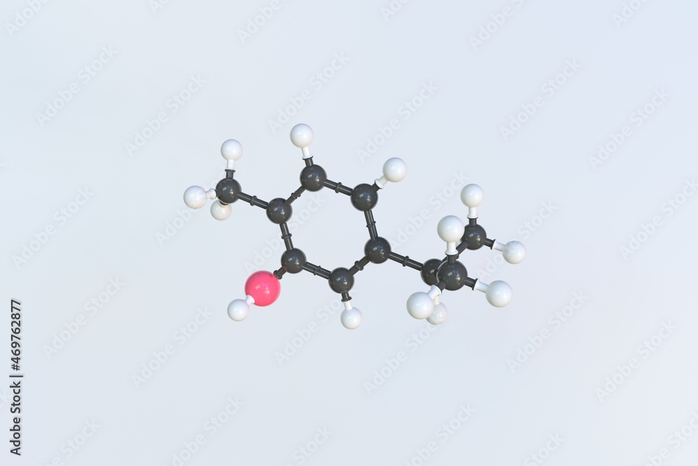 Carvacrol molecule made with balls, scientific molecular model. 3D rendering Carvacrol molecule made with balls, scientific molecular model. 3D rendering