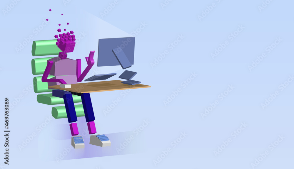 Low polygonal 3d office worker behind the desktop using a computer. Vector character made of cubes and simple shapes. Vaporwave, early 1980's retro CGI concept. Low polygonal 3d office worker behind the desktop using a computer. Vector character made of cubes and simple shapes. Vaporwave, early 1980's retro CGI concept.
