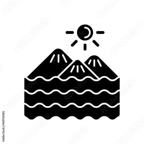 Island black glyph icon. Land surrounded by water. Ground piece in sea and ocean. Land formation in water area. Islet, skerry and cay. Silhouette symbol on white space. Vector isolated illustration