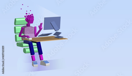 Low polygonal 3d office worker behind the desktop using a computer. Vector character made of cubes and simple shapes. Vaporwave, early 1980's retro CGI concept.