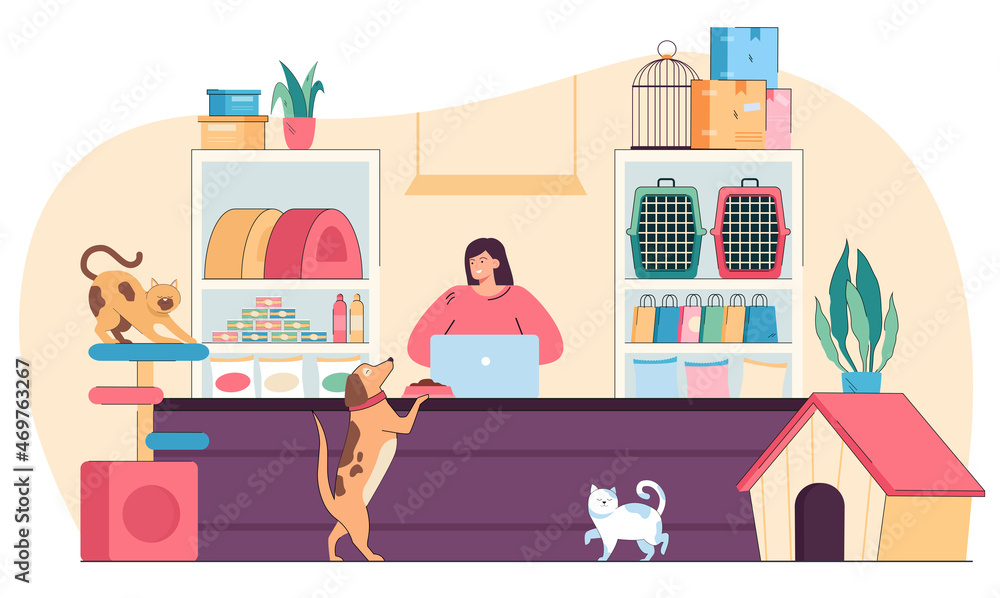 Pet shop seller selling vet goods for animals. Woman standing behind counter inside store near accessories and toys, cage and food on shelves flat vector illustration. Small retail pet shop concept