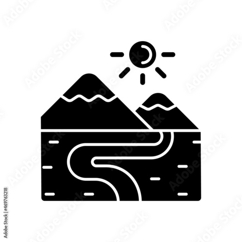 Valley black glyph icon. Lowland. Elongate low landform. Area between hills and mountains. Land surface depression. Drained river basin. Silhouette symbol on white space. Vector isolated illustration photo
