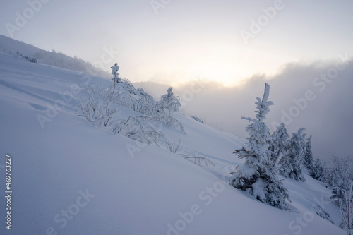 Winter landscape of the Tatra Mountains. Hiking trail to Gasienicowa Valley.