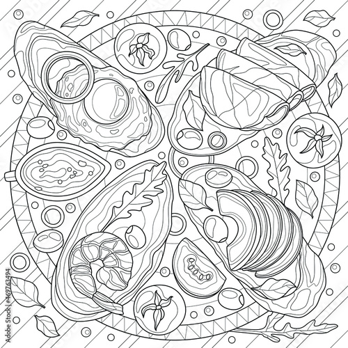 Bruschetta with egg, shrimp, vegetables and herbs.Coloring book antistress for children and adults. Illustration isolated on white background.Zen-tangle style. Hand draw
