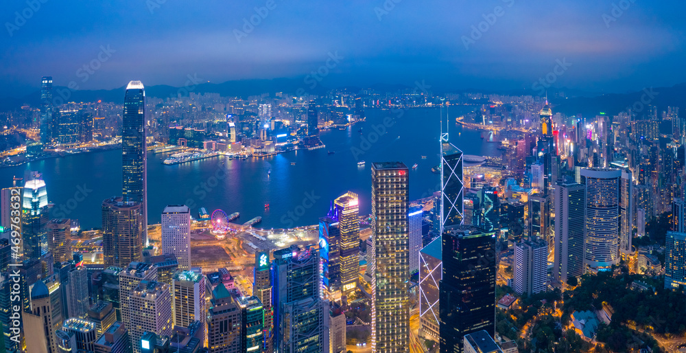 Aerial panorama shot a Hong Kong Corporate Buildings streets. Hi Res big panorama.