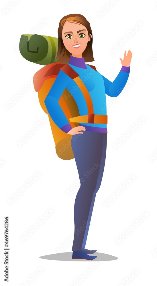 Woman tourist backpacker. Girl with backpack on his back. Cheerful person. Standing pose. Cartoon comic style flat design. Single character. Illustration isolated on white background. Vector Woman tourist backpacker. Girl with backpack on his back. Cheerful person. Standing pose. Cartoon comic style flat design. Single character. Illustration isolated on white background. Vector