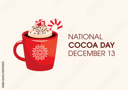 National Cocoa Day vector. Red mug of hot chocolate icon vector. Cup of cocoa with whipped cream and candy cane vector. Cocoa Day Poster, December 13. Important day