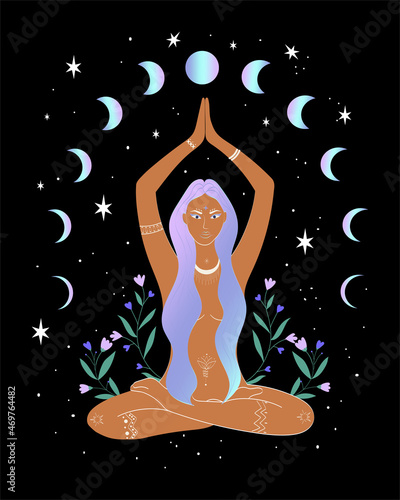 Ornament beautiful girl in a yoga poses and mystical Symbols. Lotus meditation. Symbol of secret knowledge, harmony of soul and body, wisdom, religion. Vector illustration. International yoga day card