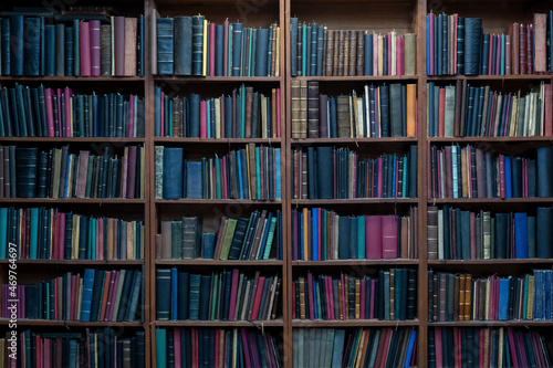 Bookshelf background. Front view old books inside the library