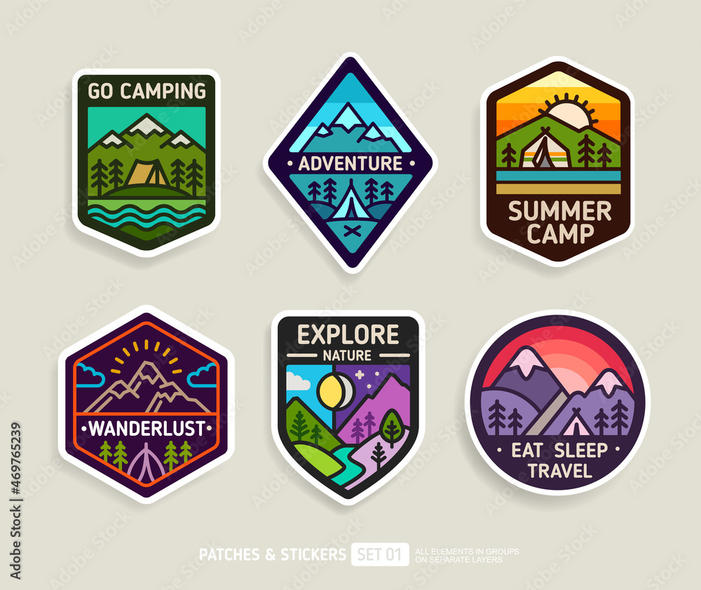 Summer Camp and Discover Travel badge or camping patch and sticker