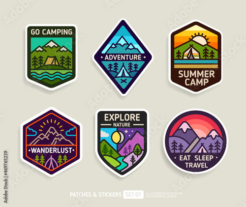 Summer Camp and Discover Travel badge or camping patch and sticker design. Hiking and climbing emblem set. Mountains and camping tent in a pine forest. Vector illustration	