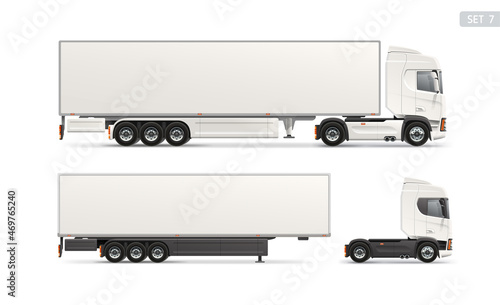White Truck Trailer side view - vector Blank Mockup set on white background. Side view transport empty mockup car layout for Branding and Corporate identity
