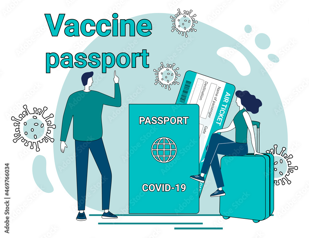 Vaccines passport and tourism.People on the background of vaccines have ...