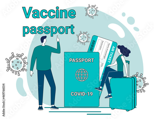 Vaccines passport and tourism.People on the background of vaccines have a passport and an air ticket, are preparing for a trip.A call for safety and taking care of your health.Flat vector illustration