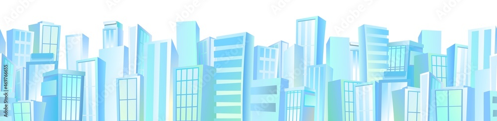 Big light city from afar. Skyscrapers and large buildings. Cartoon flat style illustration. Blue city landscape Cityscape. Seamless composition horizontal. Isolated on white background. Vector.