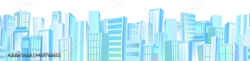 Big light city from afar. Skyscrapers and large buildings. Cartoon flat style illustration. Blue city landscape Cityscape. Seamless composition horizontal. Isolated on white background. Vector.