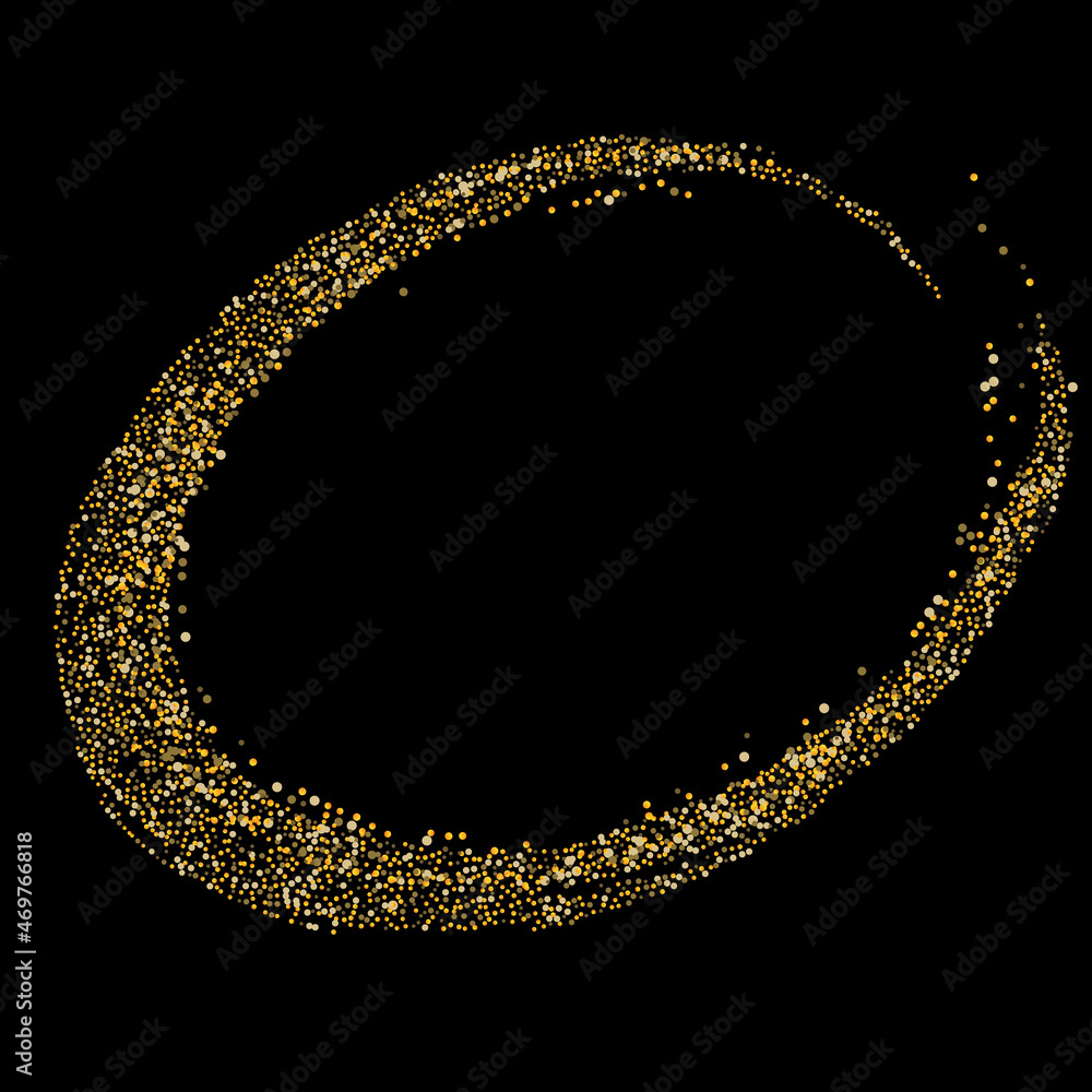 Gold glitter confetti on a black background. Scattered in a circle are shiny particles, sand. Decorative element, golden zen. Luxury background for your design, postcard, vector Gold glitter confetti on a black background. Scattered in a circle are shiny particles, sand. Decorative element, golden zen. Luxury background for your design, postcard, vector